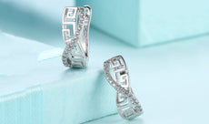 14K White Gold Plated Austrian Elements Pav'e Greek Key Design Pav'e Curved Hinge Earrings ITALY Design - Puritific