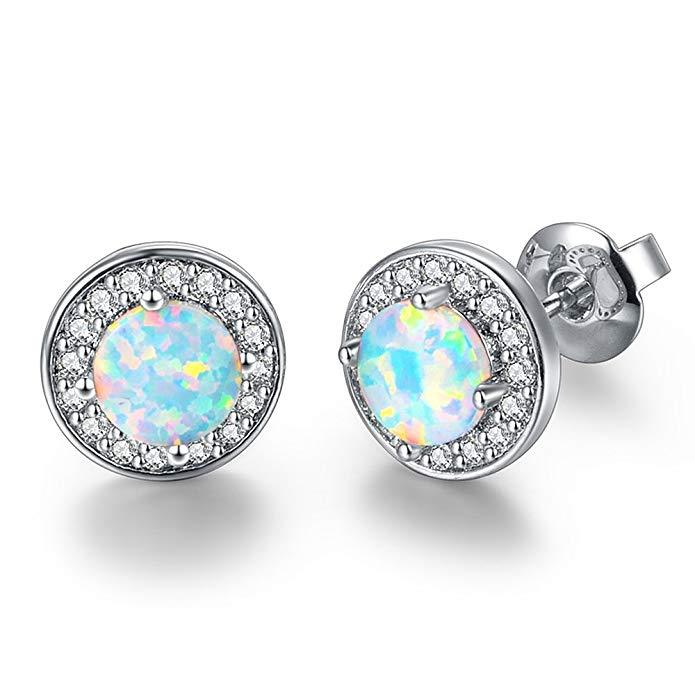 2.00 Ct Opal Created Round Halo Stud Earringin 18K White Gold Plated - Puritific