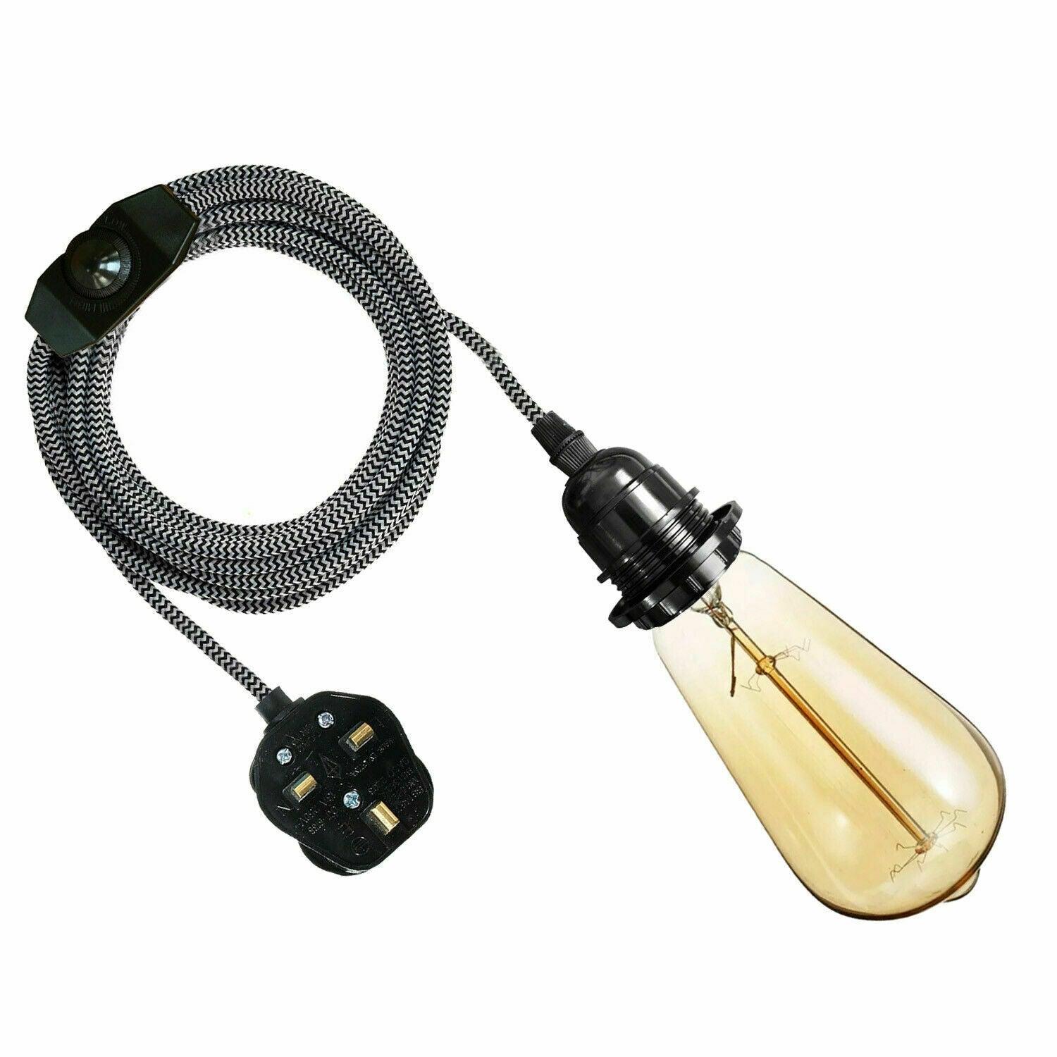 4M Fabric Flex Cable UK Black & white colour Plug In Pendant Lamp Light Set E27 Bulb Holder+ switch~3751-0