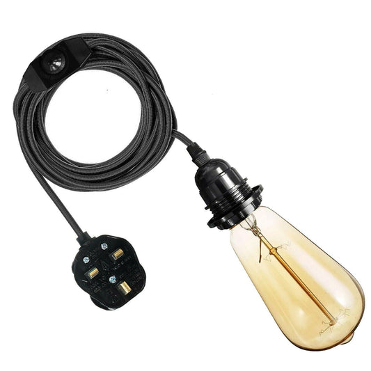 4M Fabric Flex Cable UK Black colour Plug In Pendant Lamp Light Set E27 Bulb Holder+ switch~3747-0