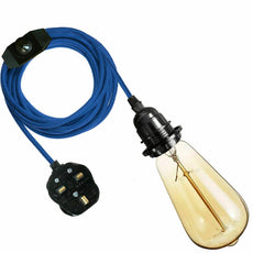 4M Fabric Flex Cable UK Blue colour Plug In Pendant Lamp Light Set E27 Bulb Holder+ switch~3746-0