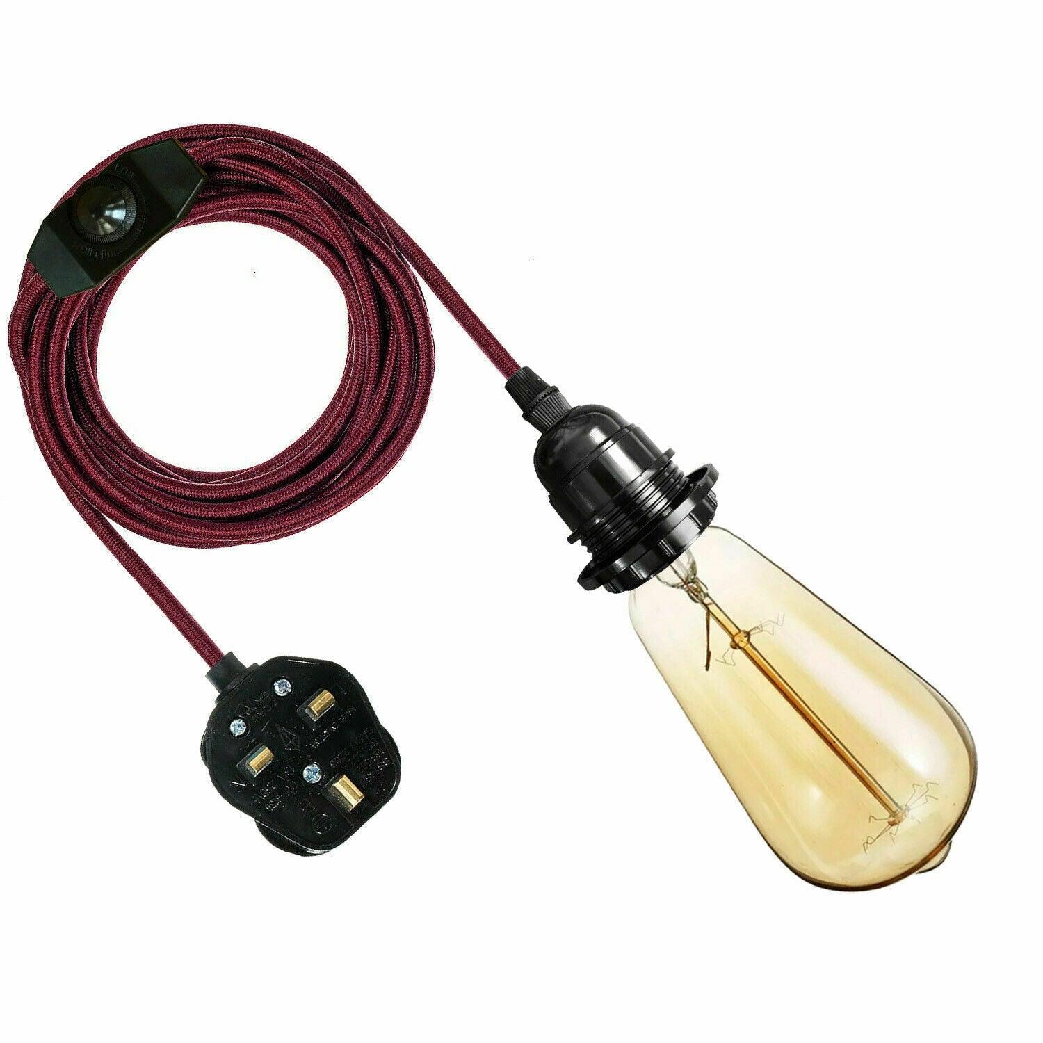 4M Fabric Flex Cable UK Burgundy colour Plug In Pendant Lamp Light Set E27 Bulb Holder+ switch~3745-0