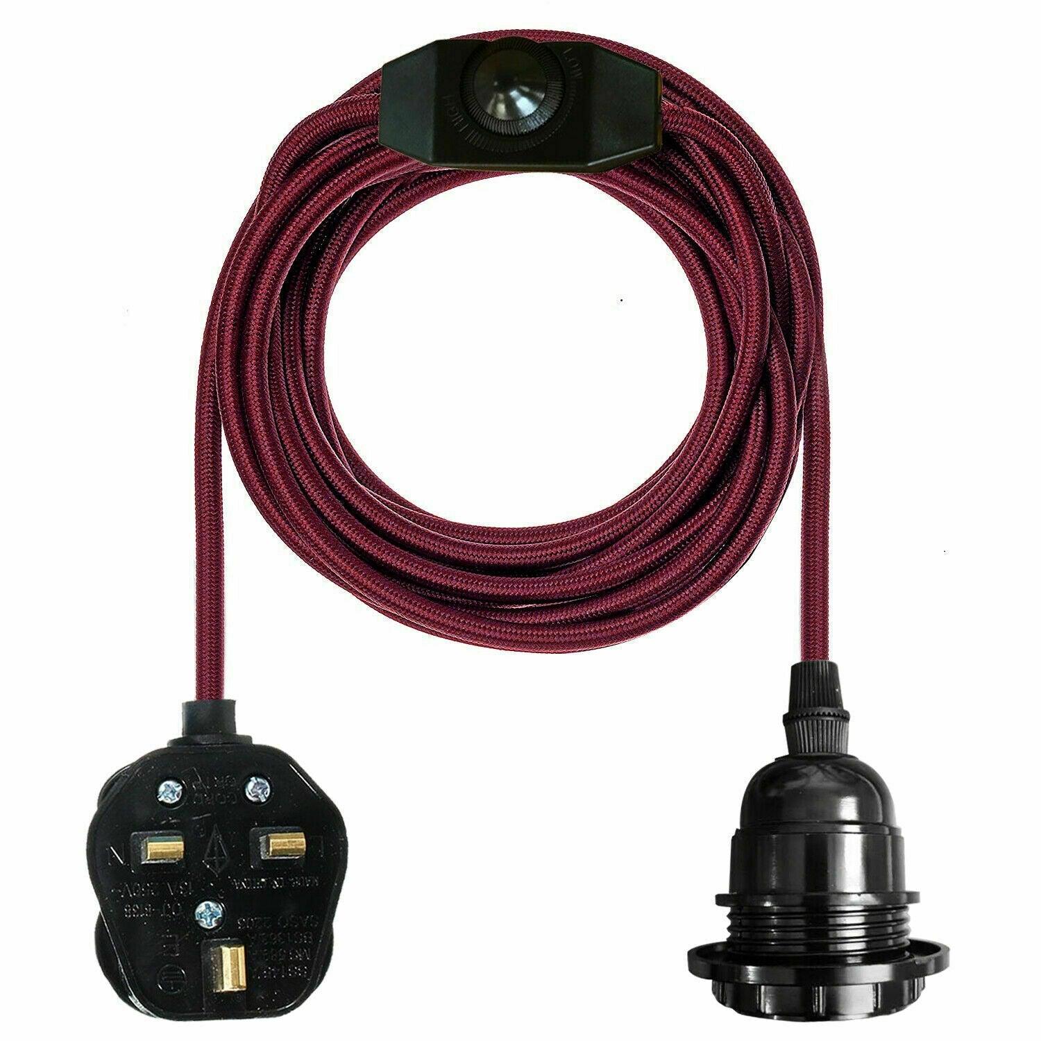 4M Fabric Flex Cable UK Burgundy colour Plug In Pendant Lamp Light Set E27 Bulb Holder+ switch~3745-1