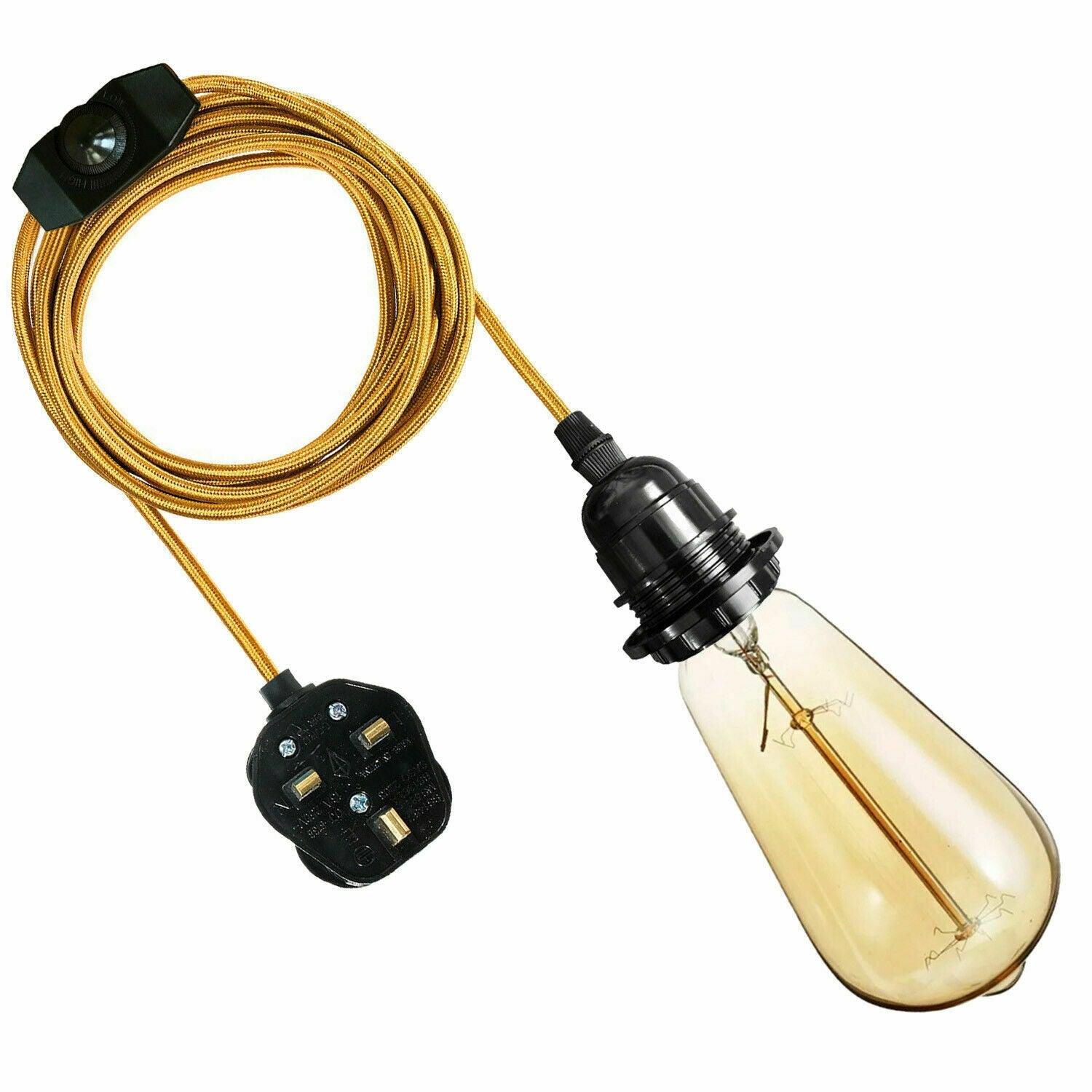 4M Fabric Flex Cable UK Gold colour Plug In Pendant Lamp Light Set E27 Bulb Holder+ switch~3749-0