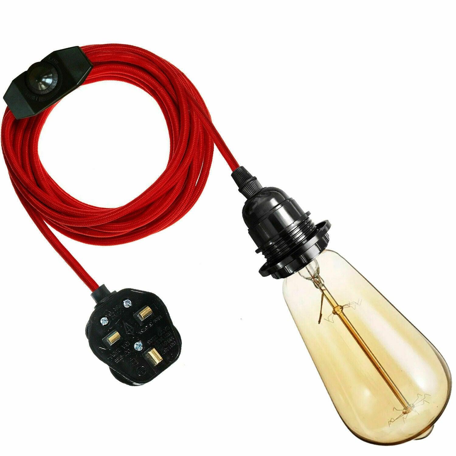 4M Fabric Flex Cable UK Red colour Plug In Pendant Lamp Light Set E27 Bulb Holder+ switch~3752-0