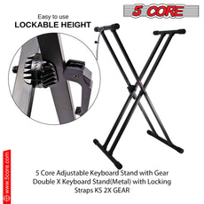 5 Core Adjustable Keyboard Stand Black/ Double Braced X Style Digital Piano Stand/ Sturdy and Durable Pro Series Keyboard Stand with Gear & Locking Straps- KS 2X GEAR-10