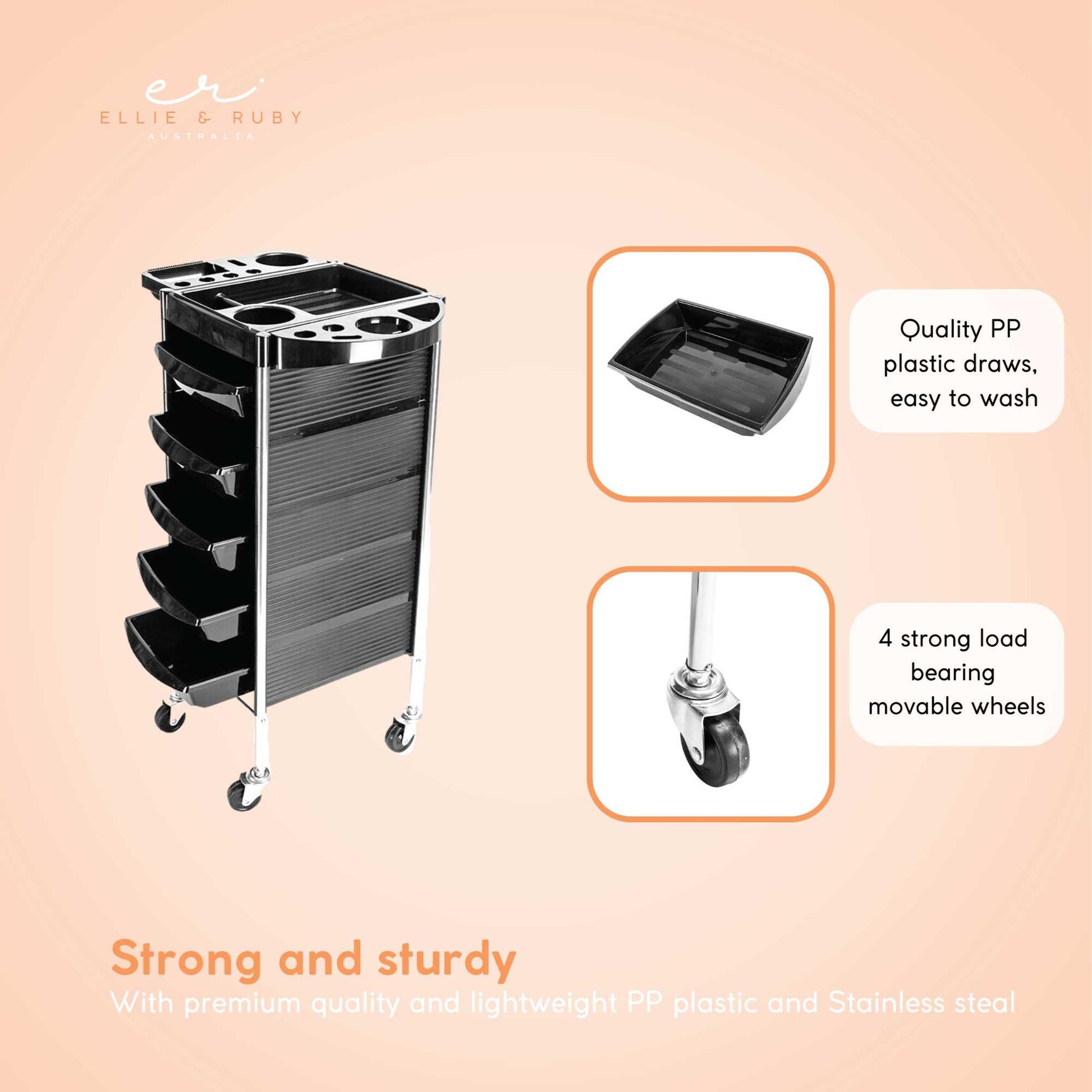 5 Drawer Hairdressing Trolley Black 90x30x36cm Hair Salon Beauty Rolling Cart-4