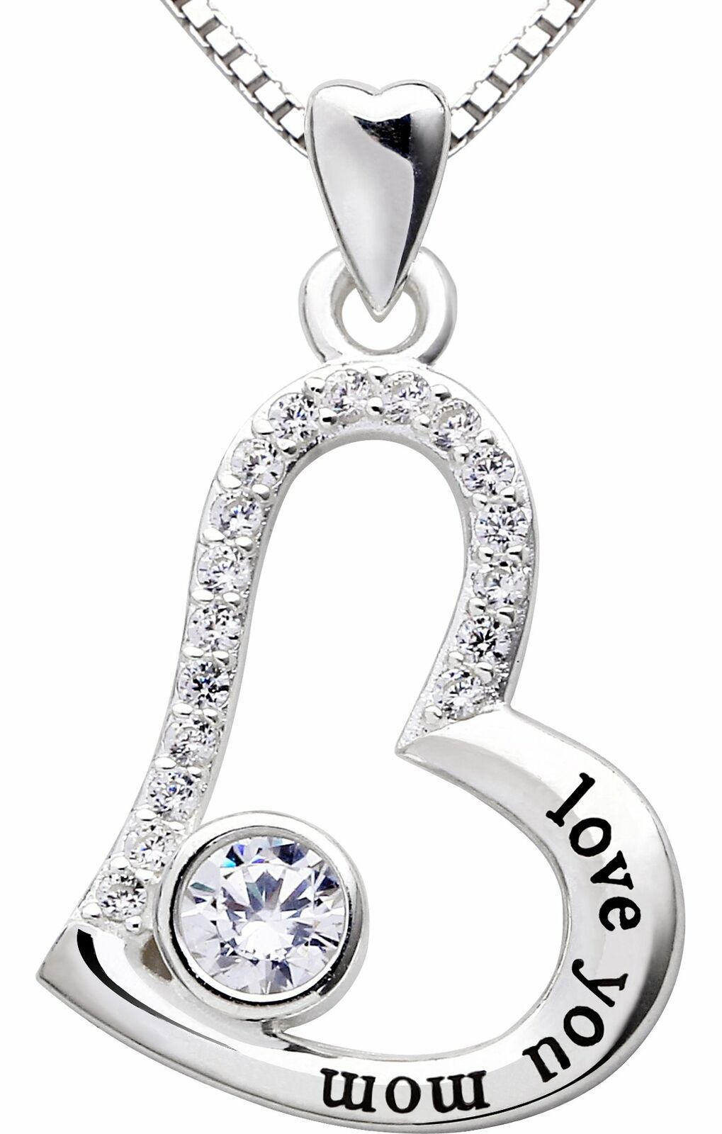 "I Love you MOM" Heart Necklace Embellished with Crystals in 18K White Gold Plated - Puritific