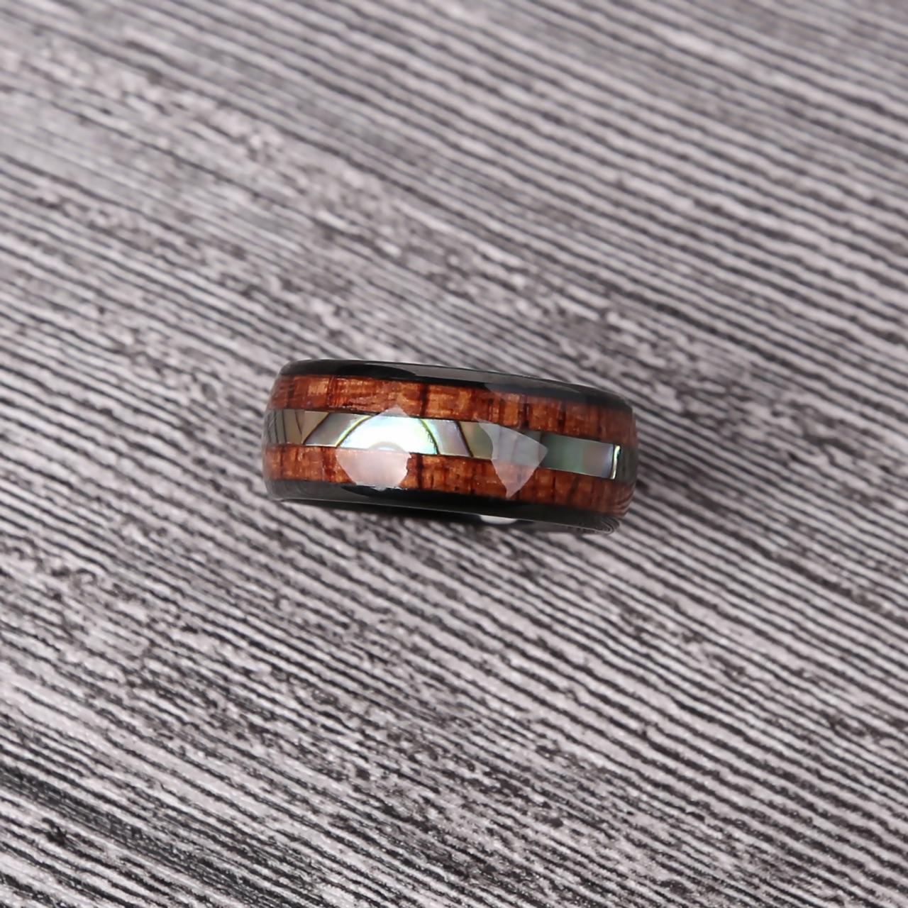 Black Tungsten Abalone and Koa Wood Ring - Puritific