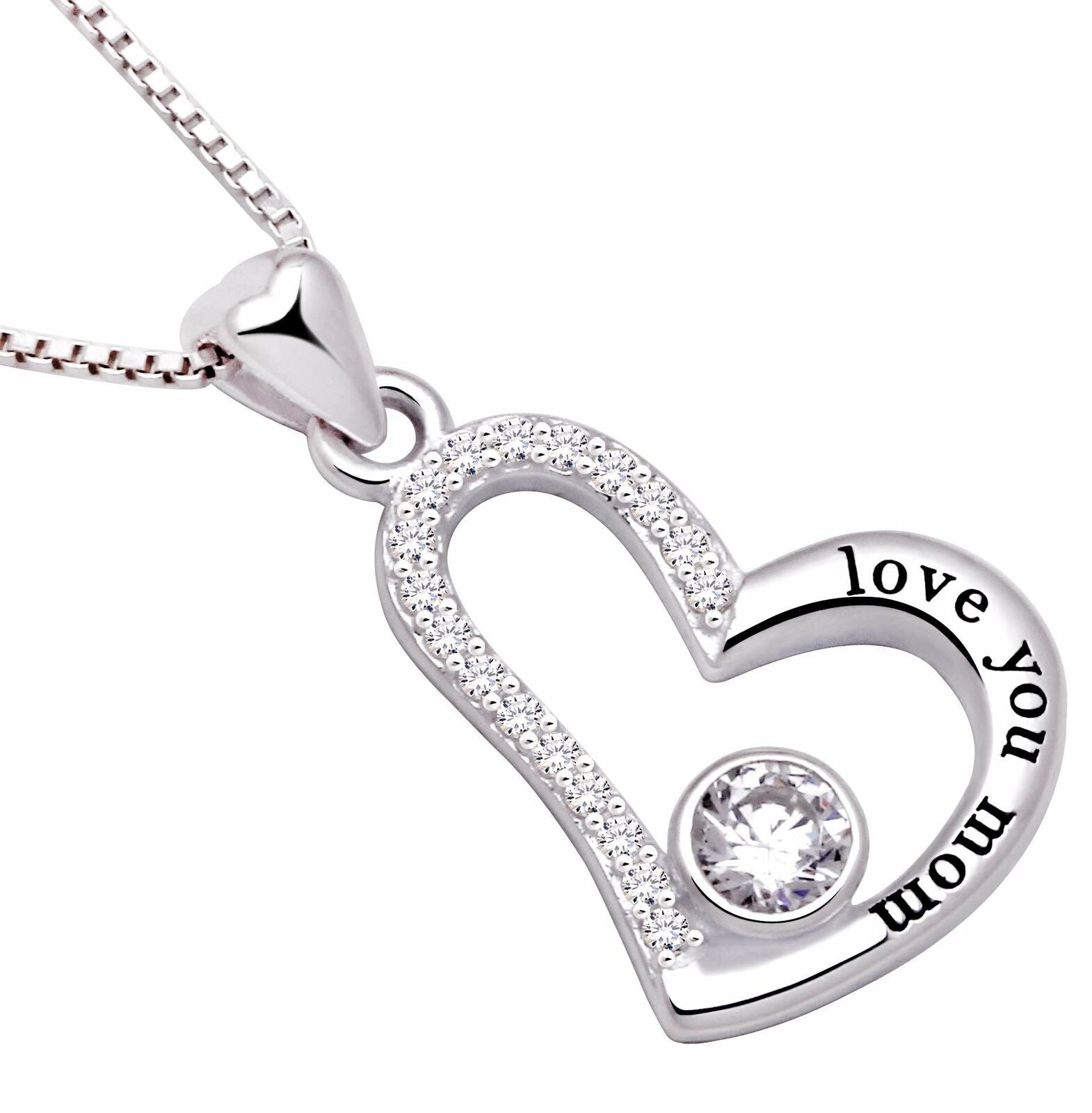 "I Love you MOM" Heart Necklace Embellished with Crystals in 18K White Gold Plated - Puritific