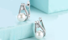 14K White Gold Plating Austrian Elements Pav'e Freshwater Pearl Pear Cut Clip On Earrings ITALY Design - Puritific