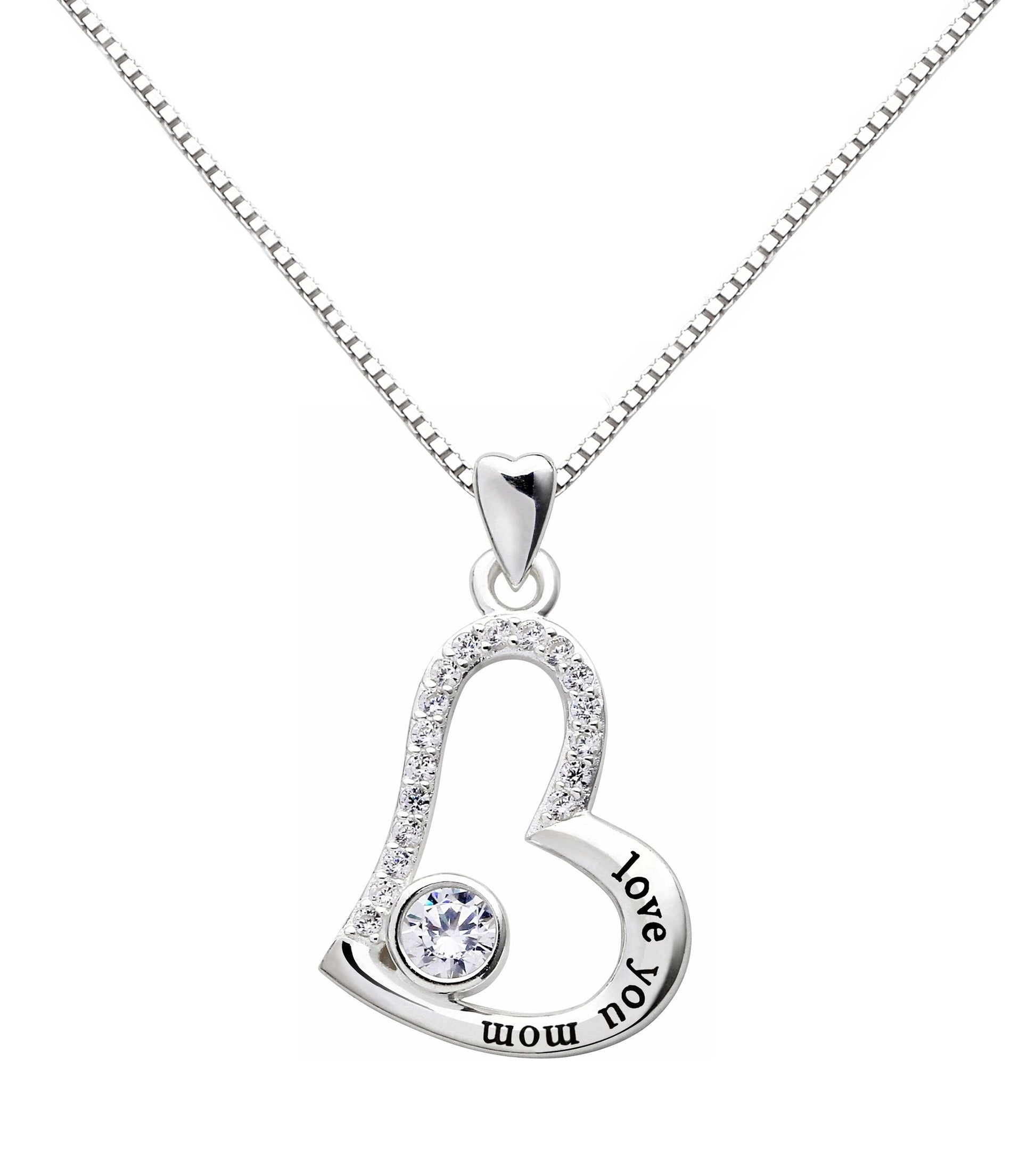 "I Love you MOM" Heart Necklace Embellished with Crystals in 18K White Gold Plated - Puritific