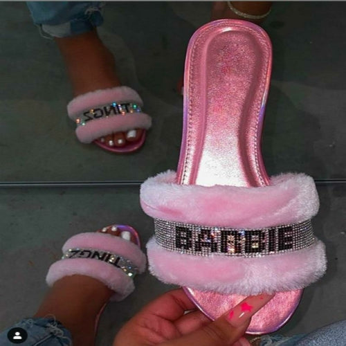 Pink Faux Fur Slides - Puritific