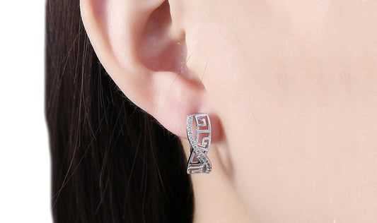 14K White Gold Plated Austrian Elements Pav'e Greek Key Design Pav'e Curved Hinge Earrings ITALY Design - Puritific