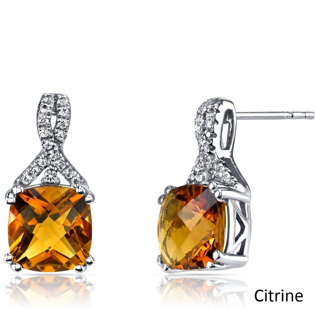 2.00 CT Cushion Cut Citrine Stud Earring in 18K White Gold Plated - Puritific