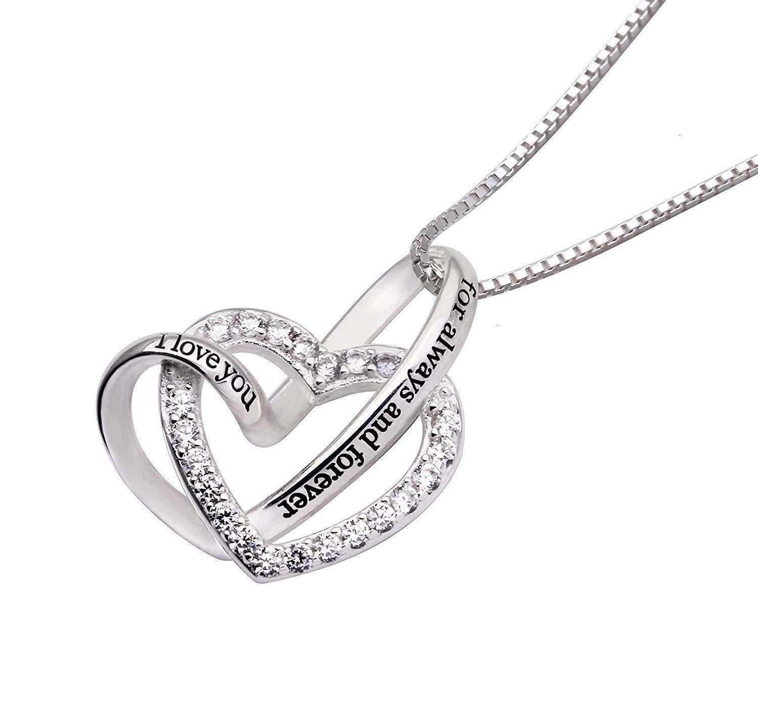 "I Love you Forever and Always" Heart Necklace Embellished with Crystals in 18K White Gold Plated - Puritific