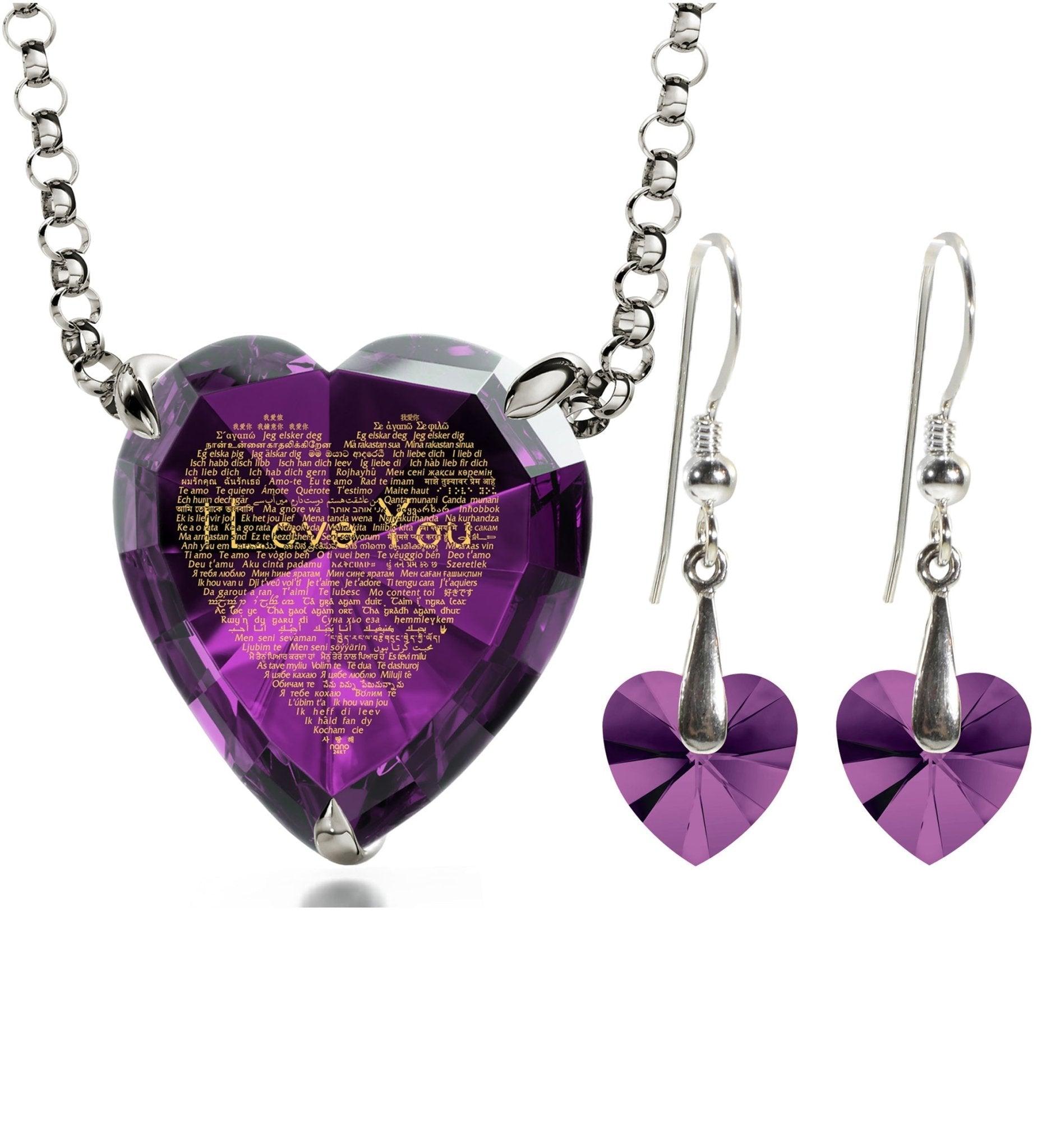 925 Silver Heart Jewelry Set 120 Languages I Love You Necklace and Crystal Earrings - Puritific