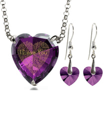 925 Silver Heart Jewelry Set 120 Languages I Love You Necklace and Crystal Earrings - Puritific