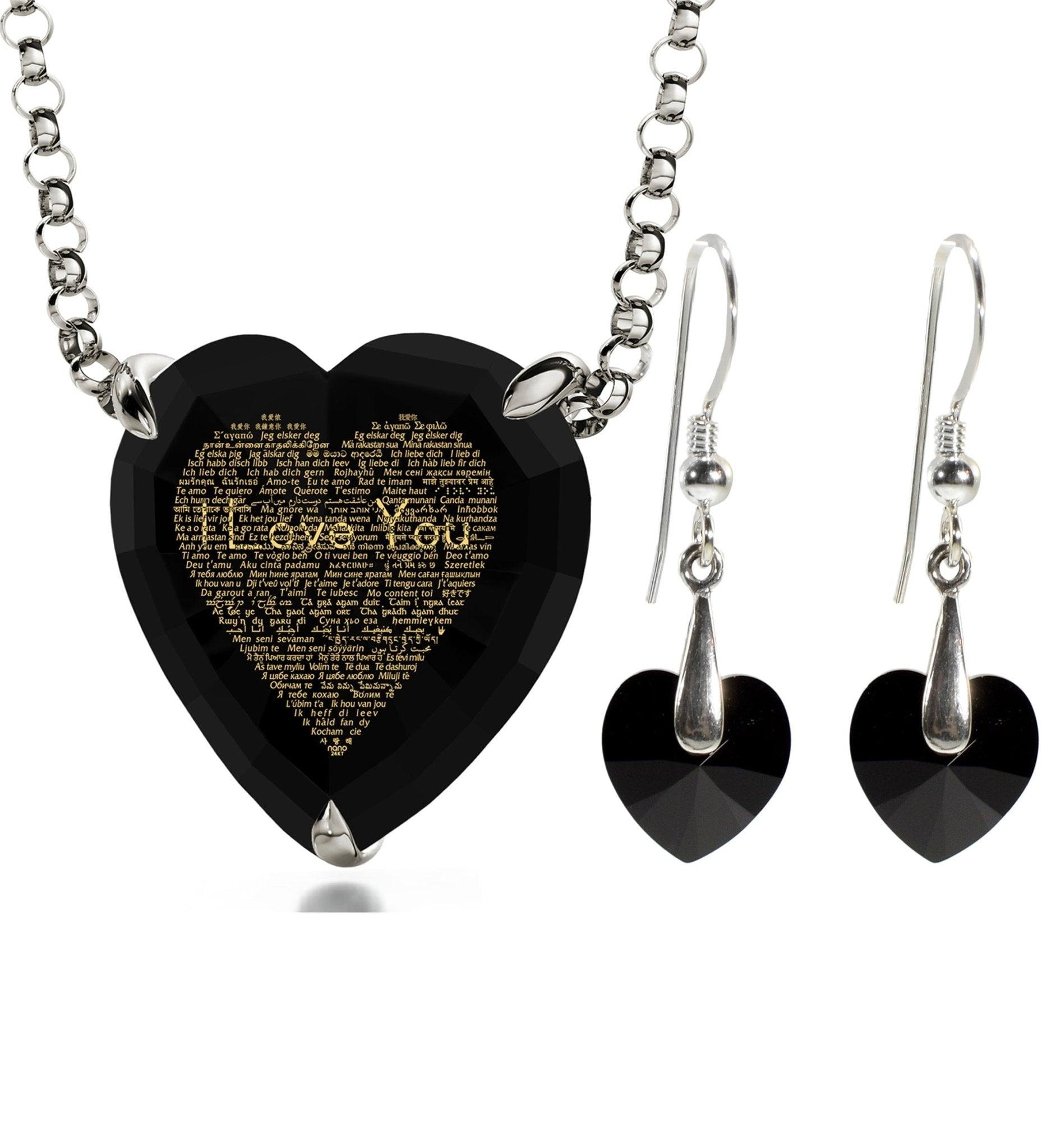 925 Silver Heart Jewelry Set 120 Languages I Love You Necklace and Crystal Earrings - Puritific