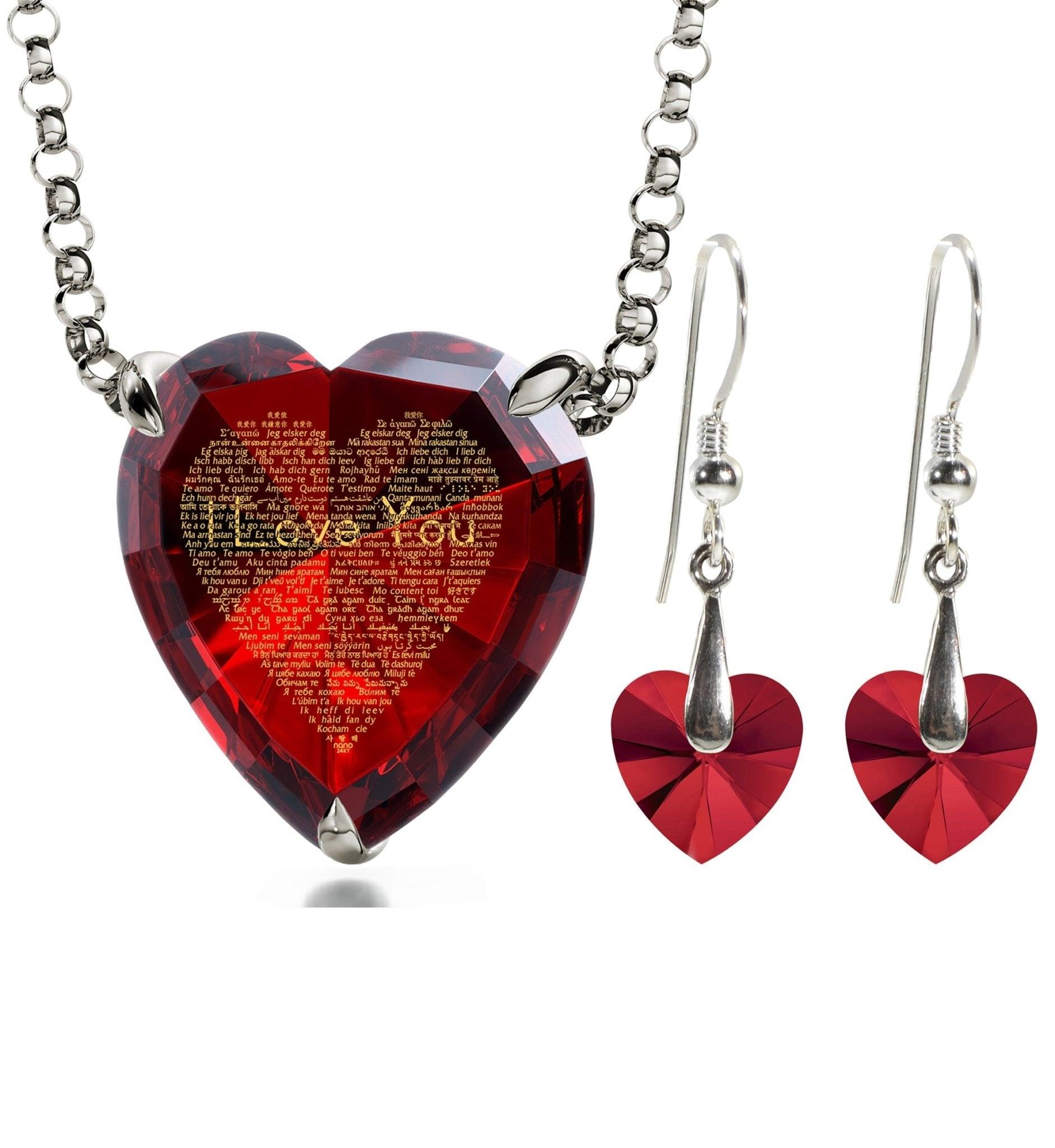 925 Silver Heart Jewelry Set 120 Languages I Love You Necklace and Crystal Earrings - Puritific