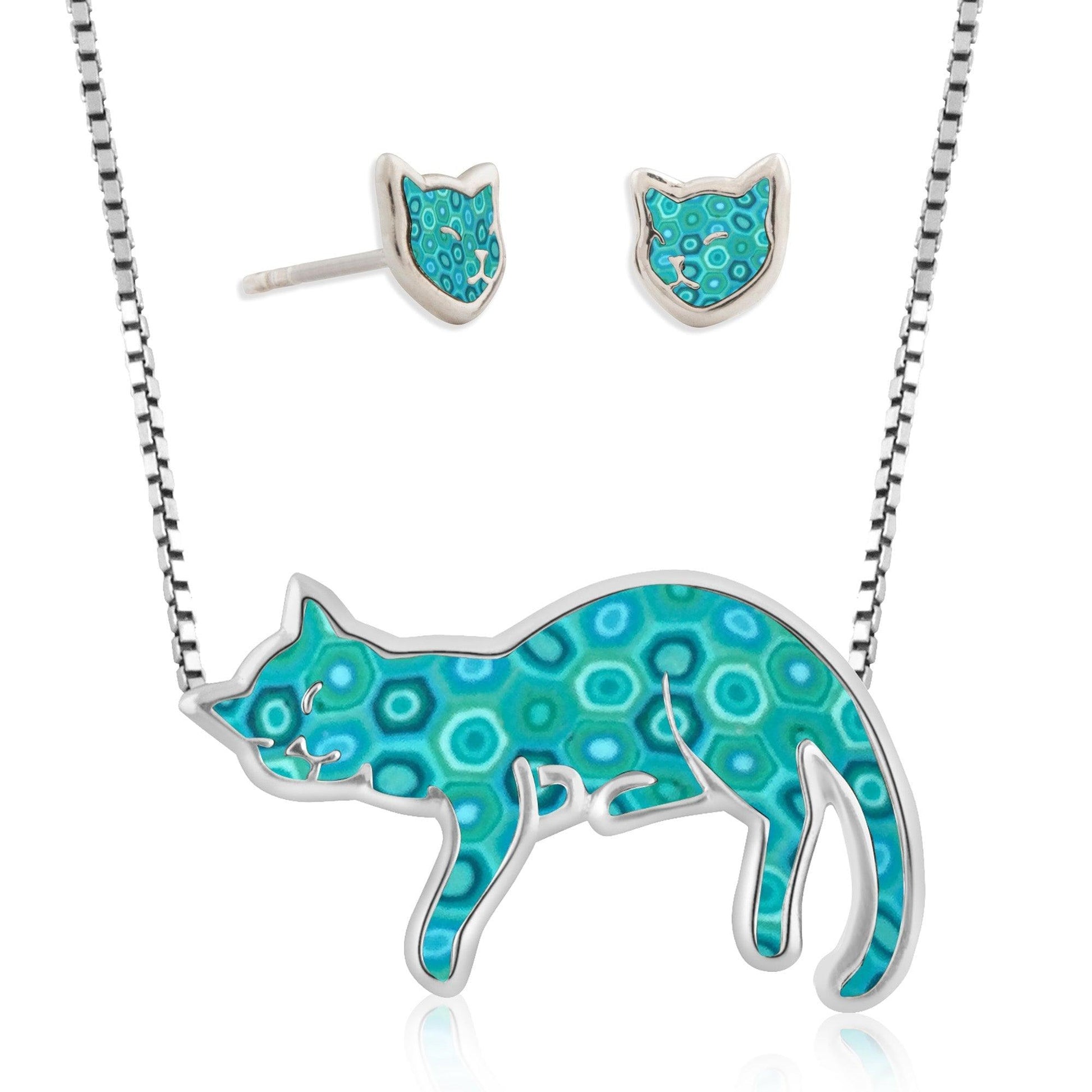 925 Sterling Silver Cat Necklace and Earrings Set - Puritific