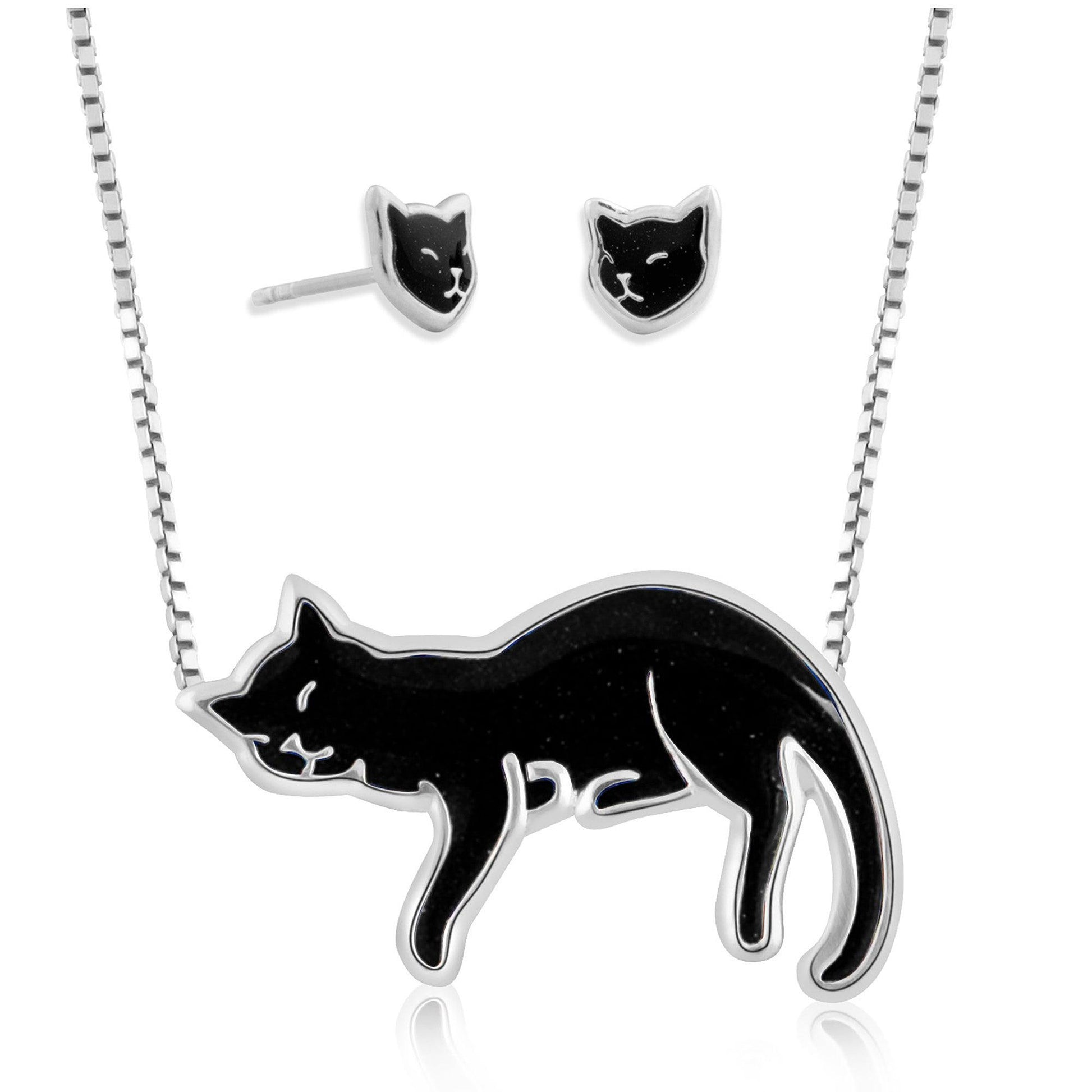 925 Sterling Silver Cat Necklace and Earrings Set - Puritific