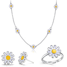 3 Piece Daisy Flower Jewelry Set 18K White Gold Plated Set in 18K White Gold Plated ITALY Design - Puritific