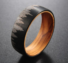 Black Etched Tree Line Wood and Tungsten Ring - Puritific