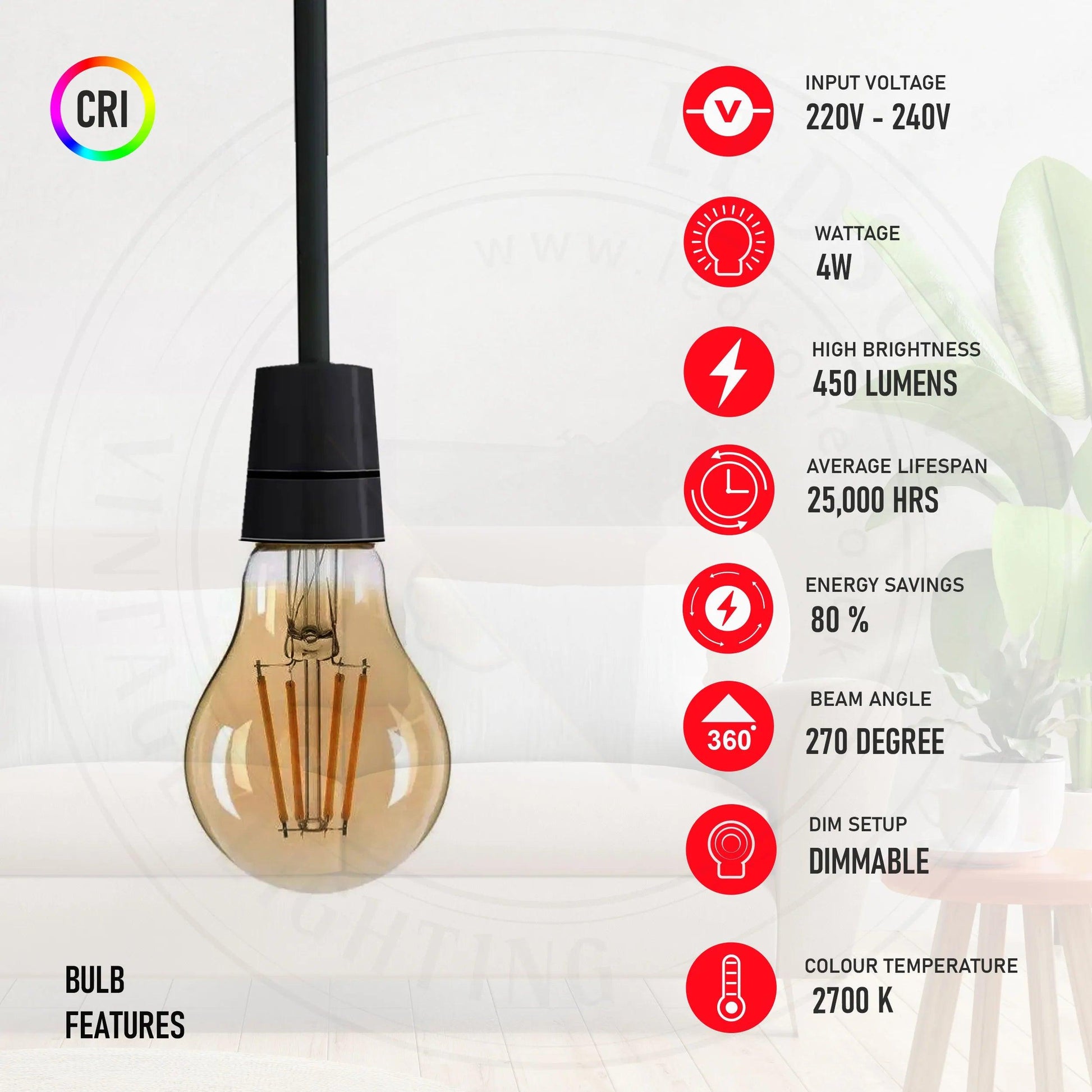 A60 E27 4W Edison LED filament Bulb Amber bulb Warm white screw bulbs 2700K~4418-6