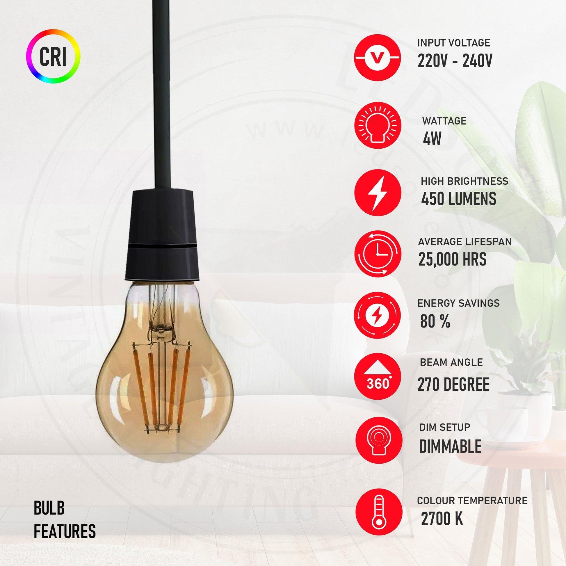 A60 E27 4W Pack Edison Style LED filament Amber Warm white screw 2700K Light Bulbs~4095-8