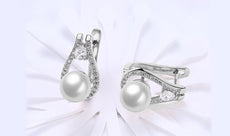 14K White Gold Plating Austrian Elements Pav'e Freshwater Pearl Pear Cut Clip On Earrings ITALY Design - Puritific