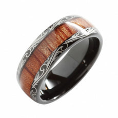 Black Leaf Motif Koa Wood Tungsten Ring - Puritific