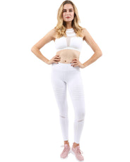 Athletique Low-Waisted Ribbed Leggings With Hidden Pocket and Mesh Panels - White - Puritific