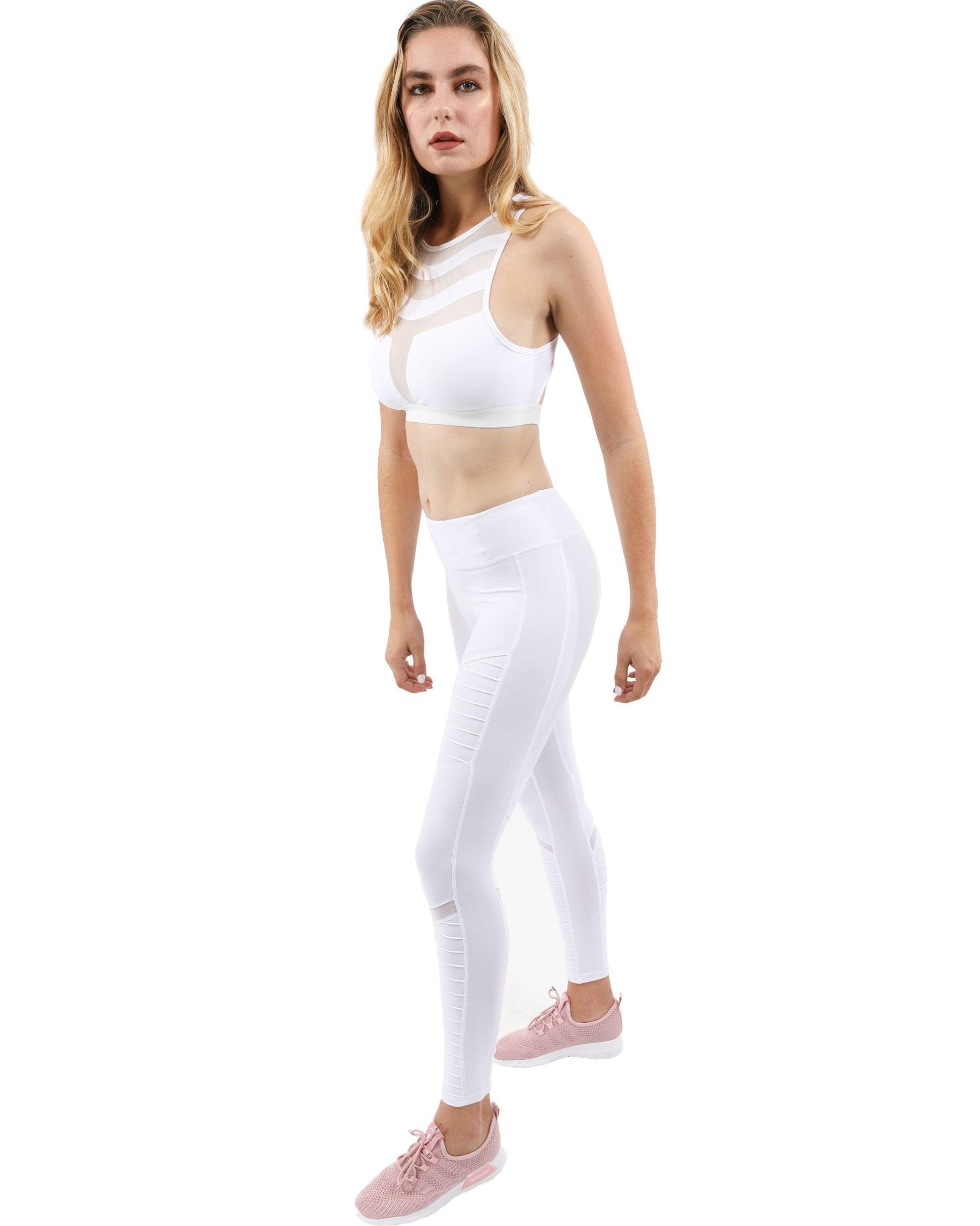 Athletique Low-Waisted Ribbed Leggings With Hidden Pocket and Mesh Panels - White - Puritific