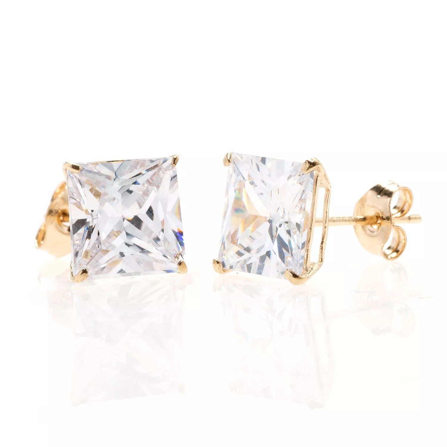 14K Yellow Gold Square Basket Setting Simulated Diamond Stud Earrings - Puritific