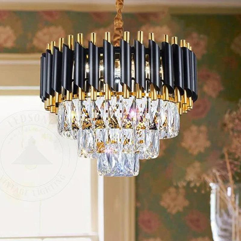 Black and Gold Crystal Pendant Light 3- Tier Pendant Light Fixture Round Flush Mount Crystal Ceiling Light~4803-0