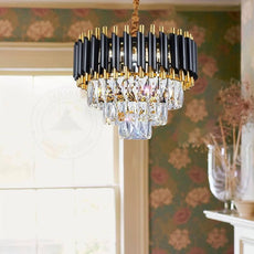 Black and Gold Crystal Pendant Light 3- Tier Pendant Light Fixture Round Flush Mount Crystal Ceiling Light~4803-4