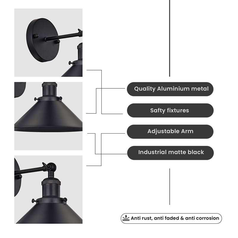 Black Cone Shade Wall Lighting Adjustable Arm~4717-3