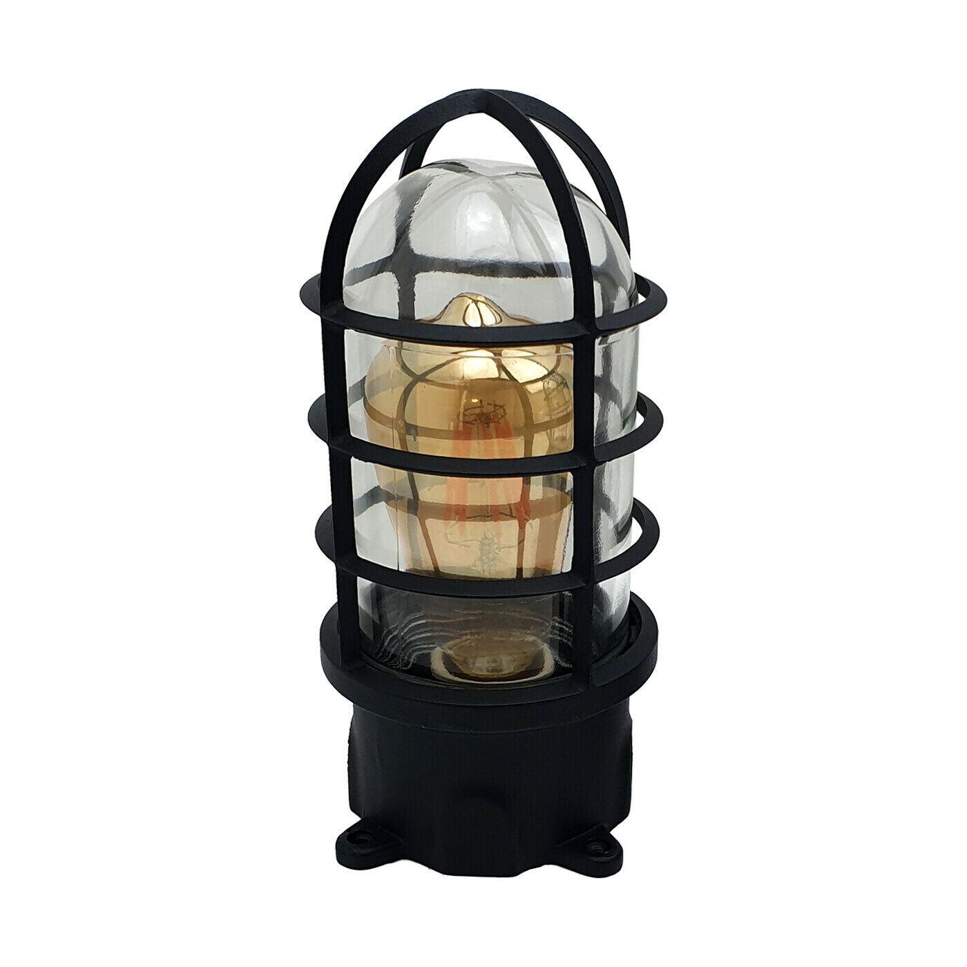 Black Industrial Wall Ceiling Cage Light Bulkhead Metal Marine Glass~2468-3