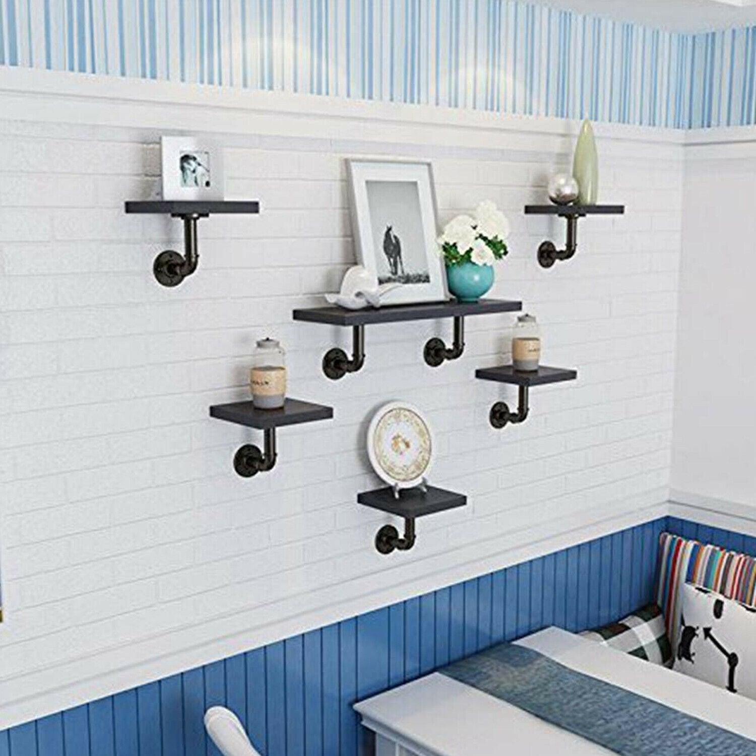 Black Pipe Shelf Brackets Industrial Iron Rustic Wall Floating Shelves Supports~3584-1