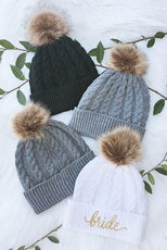 Bride and Bridesmaid Fluffy Pom Pom Beanies | Bachelorette Party Beanies - Puritific