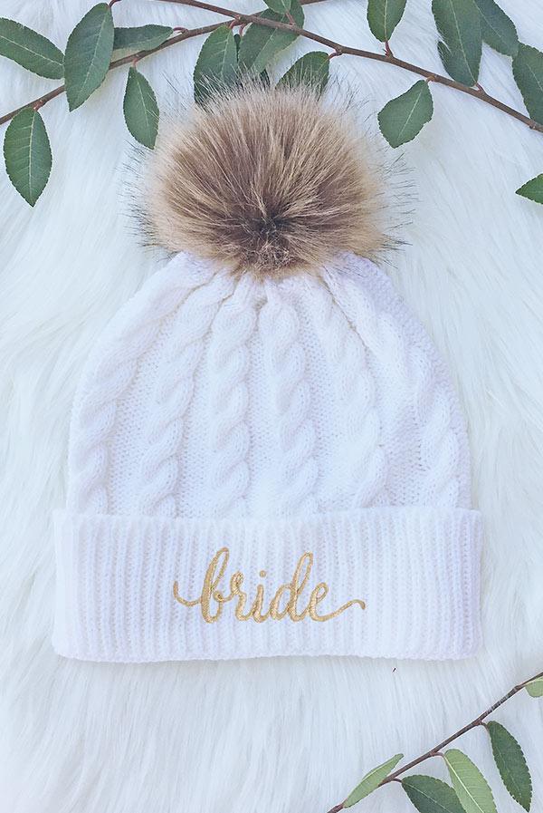 Bride and Bridesmaid Fluffy Pom Pom Beanies | Bachelorette Party Beanies - Puritific