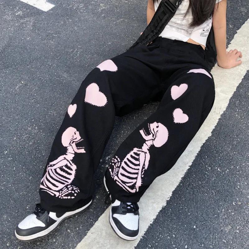 Casual Pants Women Love Skull Bone Print Wide Leg Pants - Puritific