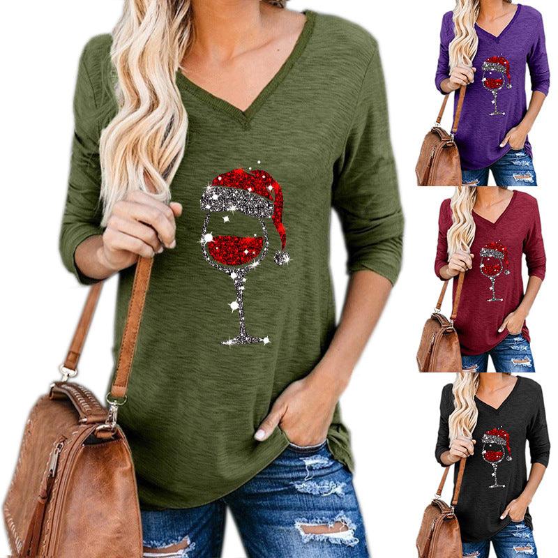 Christmas Wine Glass Print Blouse - Puritific