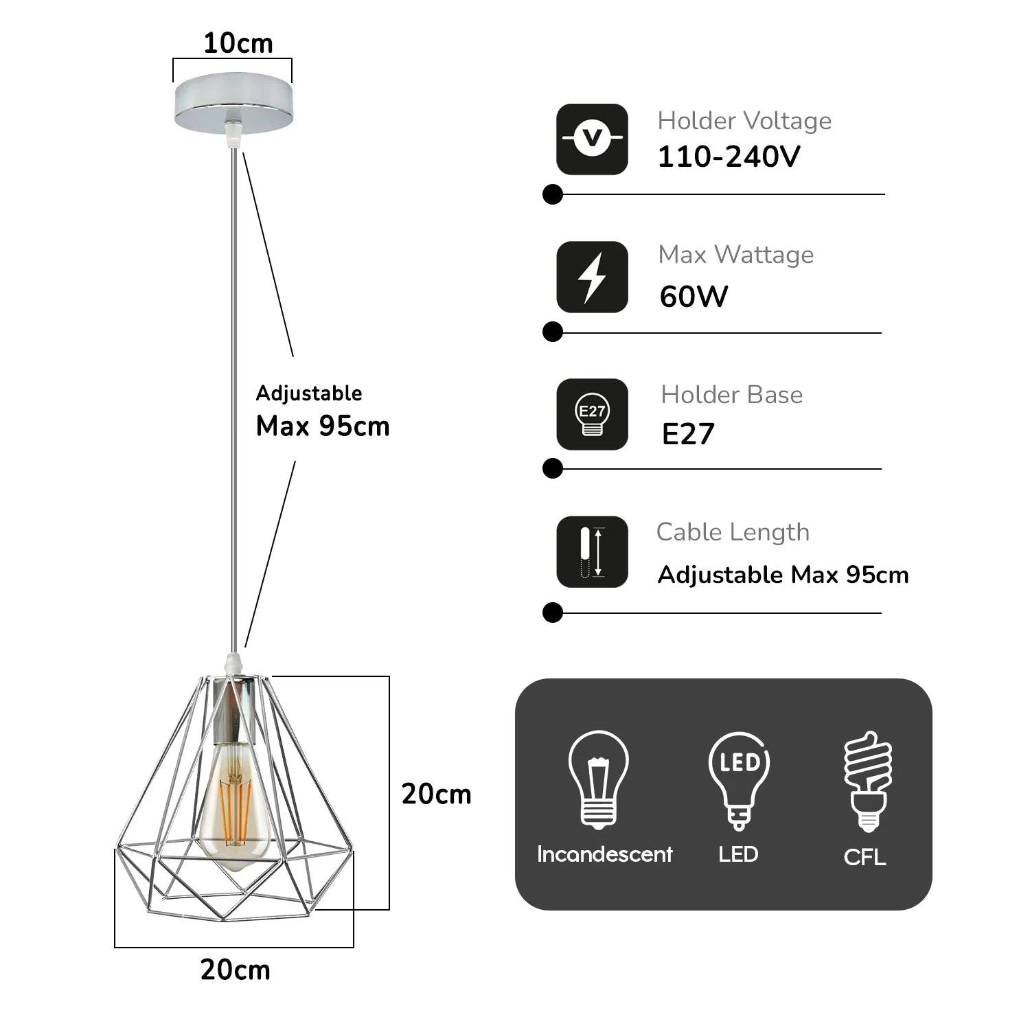 Chrome Metal 20cm Diamond Wire Cage E27 Ceiling Pendant Light,95cm Wire~4181-3