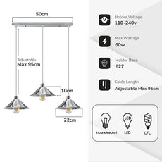 Cone-Shaped 3 Head Rectangle Shade Hanging Lamp Light Cord E27 Electroplated~4290-3