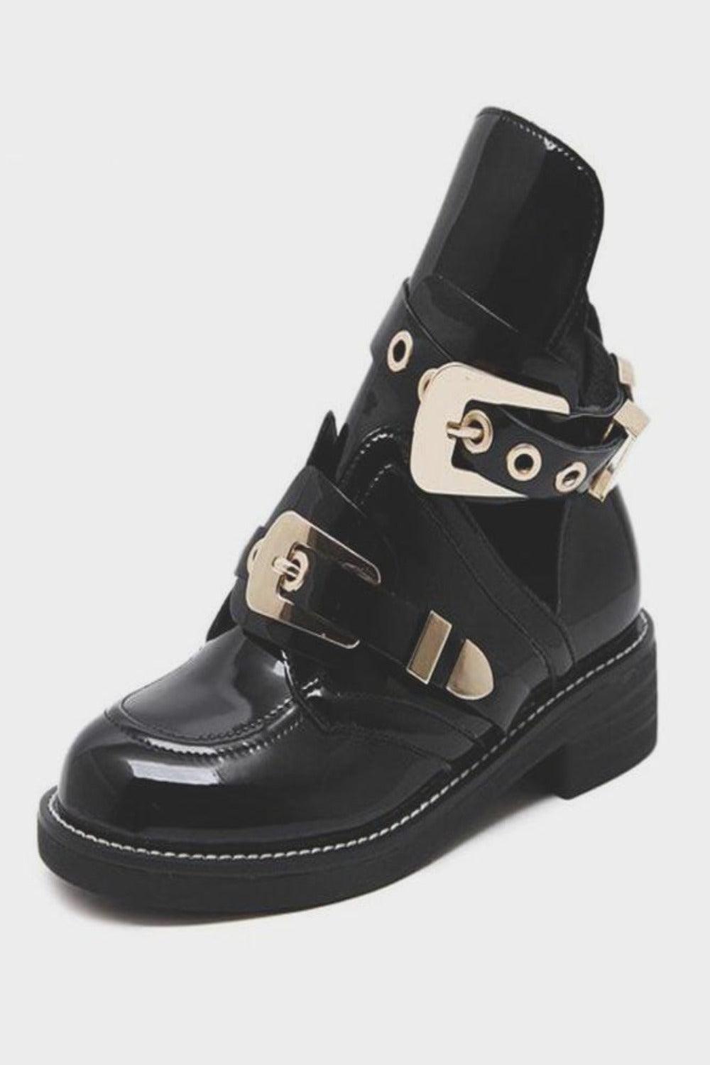 Cut Out Metal Buckle Strap Ankle Boots - Puritific