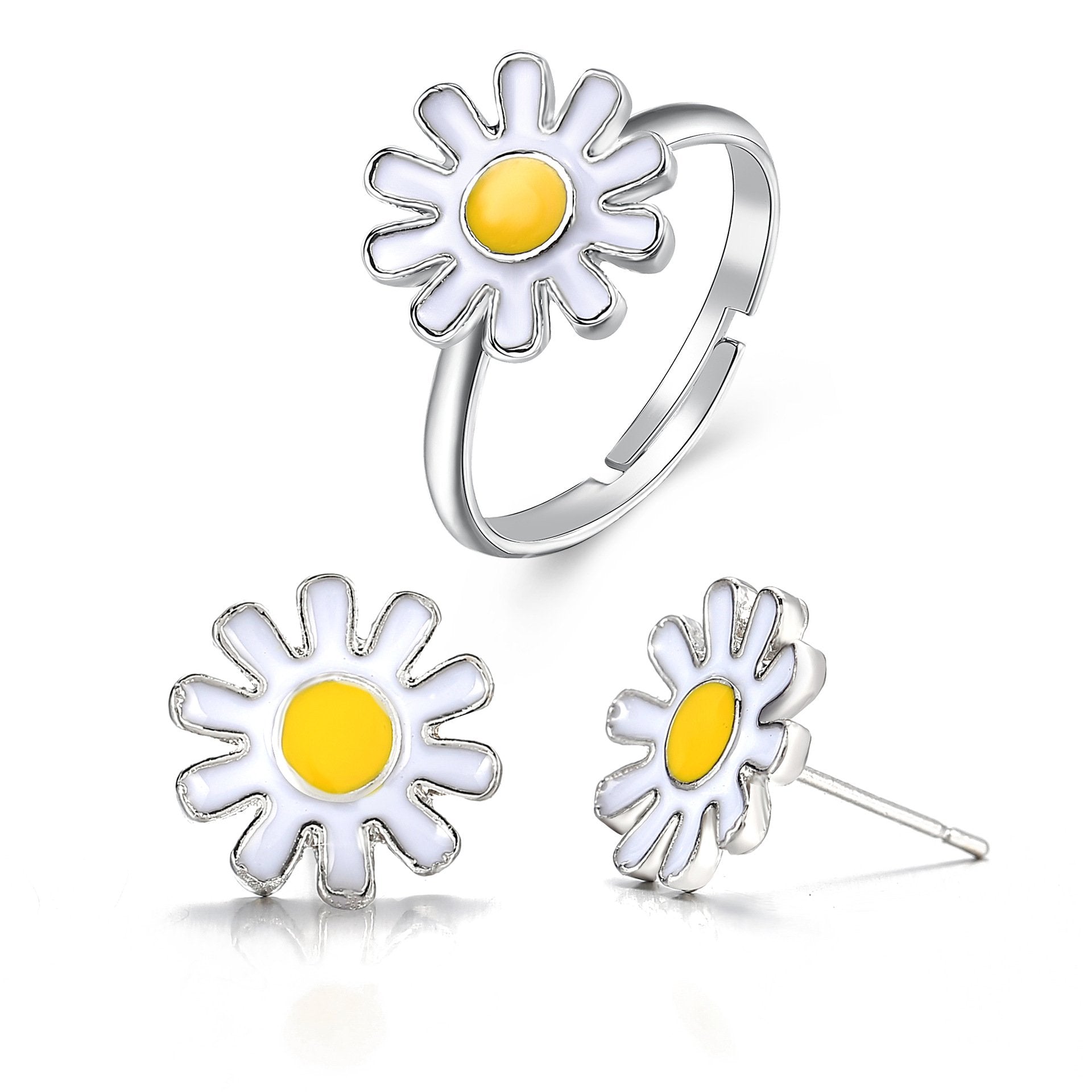 3 Piece Daisy Flower Jewelry Set 18K White Gold Plated Set in 18K White Gold Plated ITALY Design - Puritific