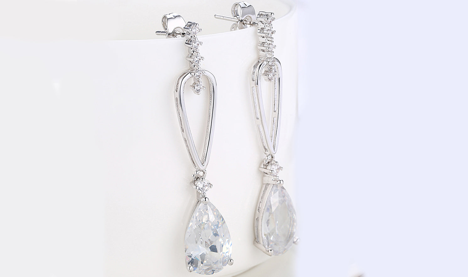 14K White Gold Plating Dangling White Sapphire Pear Cut Earrings - Puritific