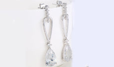 14K White Gold Plating Dangling White Sapphire Pear Cut Earrings - Puritific